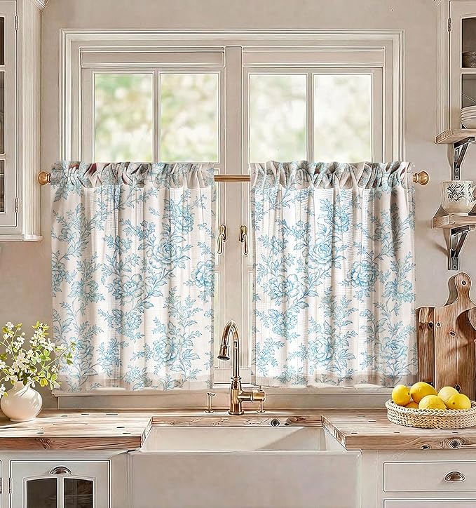 Miss Adola Farmhouse Kitchen Tier Curtains - 30 Inch Length Linen Blend Cafe Curtains Blue Floral Small Window Treatments Over Sink Rod Pocket for Bathroom Living Room Light Filtering, 2 Panels