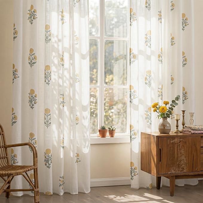 Yellow Floral Spring Curtains for Living Room, 84 Inch Flower Patterned Linen Semi Sheer Light Filtering Pinch Pleated Drapes, Mustard Yellow Green Pastel Window Panels for Bedroom Dining Room, 84" L