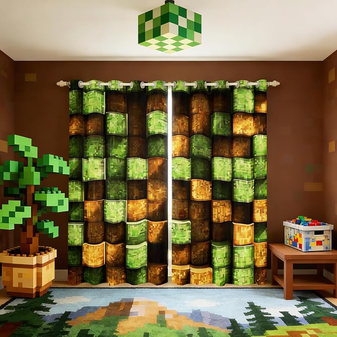 Castle Fairy Pixel Block Window Curtain,Green and Brown Square Plaid Blackout Window Treatment,Teens Woman Men Miners Gaming Bedroom Curtains Video Games Living Room Decor Top 2 Panels,52Wx90L