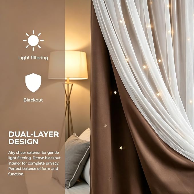 Star Cutout Blackout 95 Inches Curtains Double Layer with Sheer Overly Curtains for Bedroom Thermal Insulated Window Treatment Set with 2 Free Tiebacks (52W x 95L 2 Panels Chocolate)