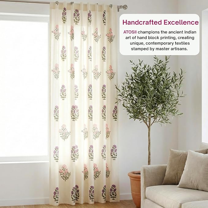ATOSII 100% Cotton Single Panel Block Print Curtain, Easy Hanging with Rod Pocket & Loop, Living Room, Dining Room, Bedroom Light Filtering Boho Curtains, Set of 1, 60" W X 108" L, Phool