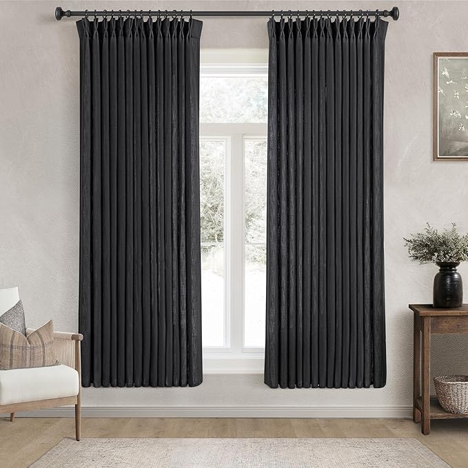 Pinch Pleated Black Linen Curtains 63 inches Long for Living Room 2 Panel Set Light Fitering Semi Sheer Black Window Curtain Pinch Pleate with Hooks Rustic Farmhouse Bedroom Drapes Length 63"