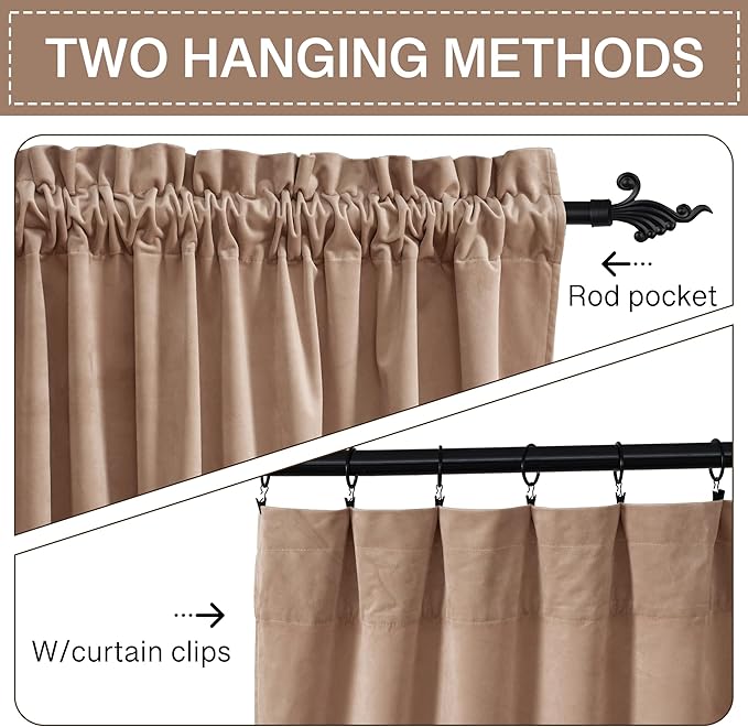 StangH Blush Beige Velvet Curtains Rod Pocket, W42 x L84 inches, 2 Panels | Privacy, Room Darkening, 300GSM Soft Velvet, Thermal Insulated, Office, Dining Room, Hallway, Nursery Girls Window Decor