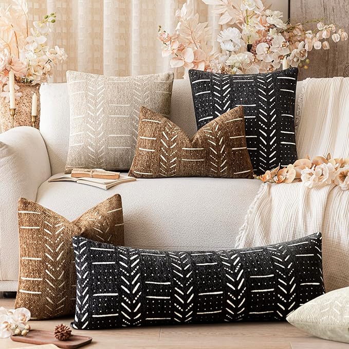 Home Décor Decorative Boho Chenille Throw Pillow Covers Neutral Cozy Lumbar Cushion Covers Textured Soft Farmhouse Pillowcase for Couch Sofa Chair Bed Living Room, 12×20 Inch, Set of 2, Black