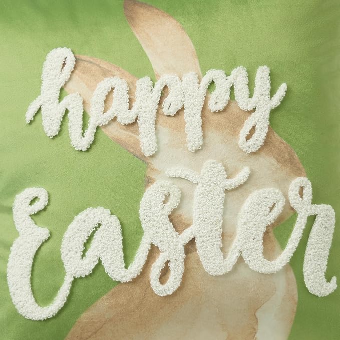 Phantoscope Pack of 4 Happy Easter Throw Pillow Covers, Velvet 3D Bunny Pillowcases Embroidered Egg Letter and Rabbits Pillows Spring Farmhouse Decorative Cushion Covers, Green, 18x18 inches