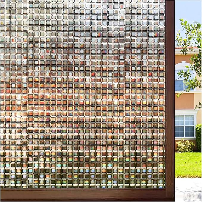 rabbitgoo Window Privacy Film, Mosaic Stained Glass, Brown 17.5" x 118.1" | Rainbow Decorative Removable Static Cling Tint, UV Blocking Reduce Heat, Non-Adhesive Privacy Covering for Home, Office