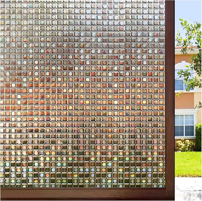 rabbitgoo Window Privacy Film, Mosaic Stained Glass, Brown 35.4" x 157.4" | Rainbow Decorative Removable Static Cling Tint, UV Blocking Reduce Heat, Non-Adhesive Privacy Covering for Home, Office
