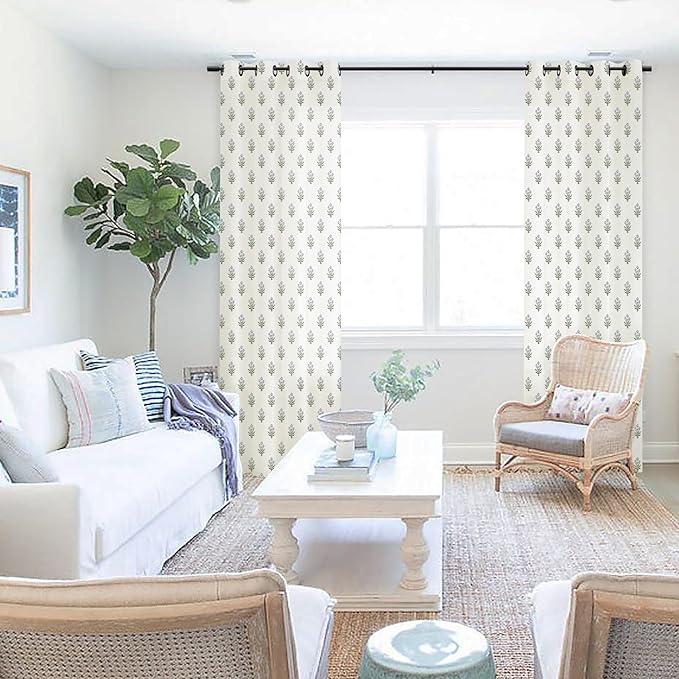 Blue and Green Vintage Floral Linen Farmhouse Curtains for Living Room, 84 Inch Spring French Country Light Filtering Semi Sheer Curtain, Decorative Flower Window Treatments Grommet Drapes for Bedroom