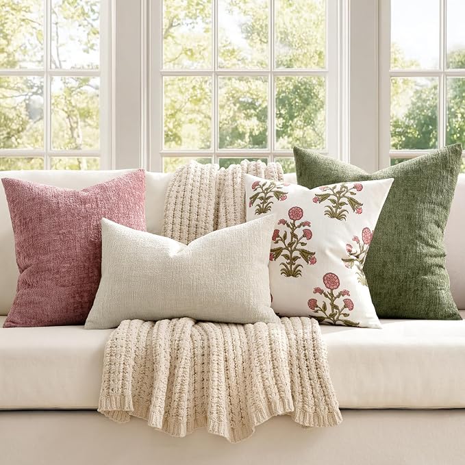 MIULEE Decorative Throw Pillow Covers 18x18 Pack of 2 Blush Pink Spring Couch Pillow Covers Soft Cozy Textured Chenille Pillowcases for Home Decor Sofa Living Room Cushion Bedroom