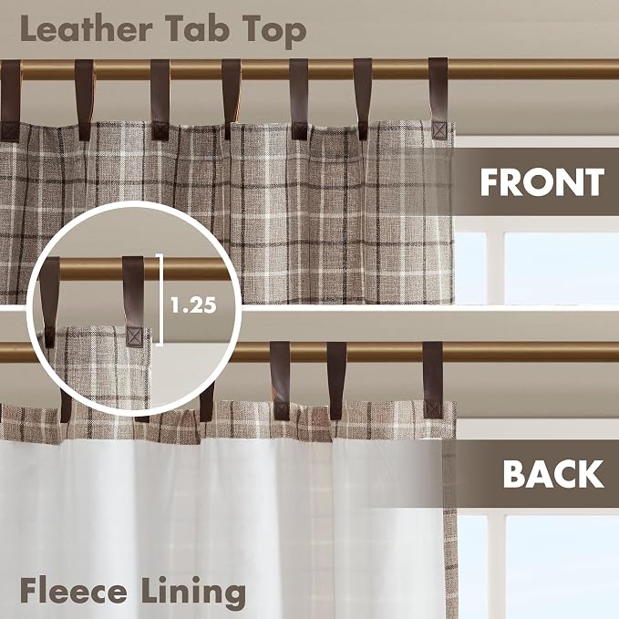 Madison Park Anaheim Cabin Plaid Curtain Window, Thermal Insulated Fleece Lining, Living Room Decor Room Darkening Drape for Bedroom, 1-Single Panel Pack, 50x108 Faux Leather Tab Top, Brown