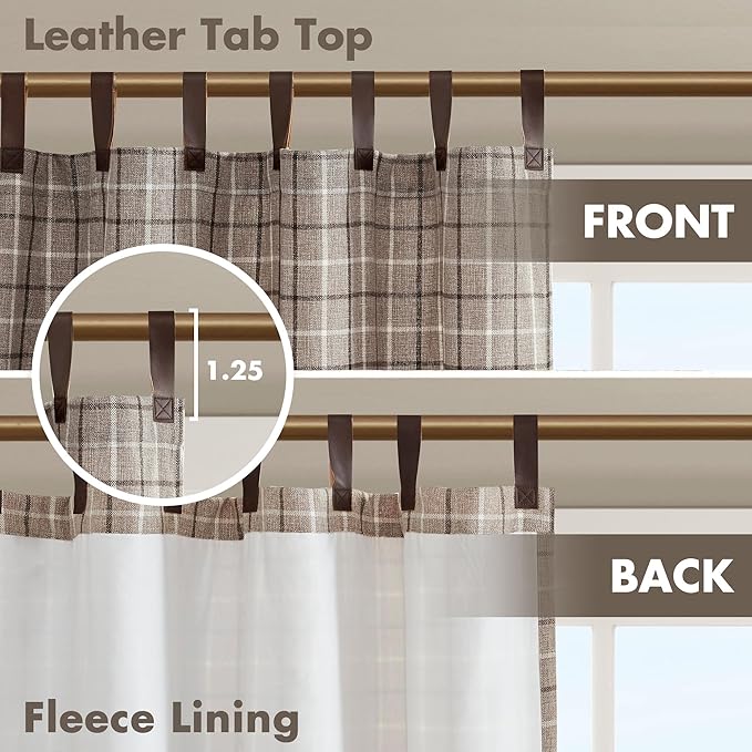 Madison Park Anaheim Cabin Plaid Curtain Window, Thermal Insulated Fleece Lining, Living Room Decor Room Darkening Drape for Bedroom, 1-Single Panel Pack, 50x84 Faux Leather Tab Top, Brown
