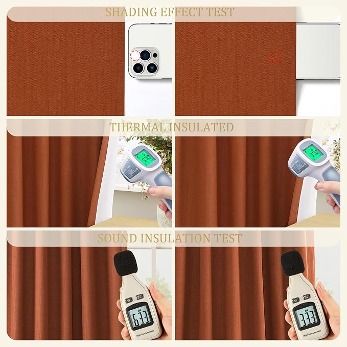 Jowels Terracotta Linen Blackout Curtains 96 Length 2 Panels Set for Living Room Bedroom, 100% Black Out Thermal Insulated Linen Drapes, Room Darkening Grommet Curtains 96 Inches Long