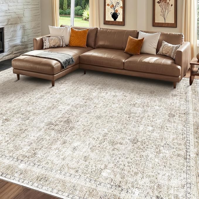 Sasttie 8x10 Area Rugs, Ultra-Soft Washable Rug, Low Pile Foldable Thin Carpets with Non-Slip Backing, Skin-Friendly Stain Resistant Carpet for Living Room, Bedroom, Kitchen, Dorm, 8x10, Beige