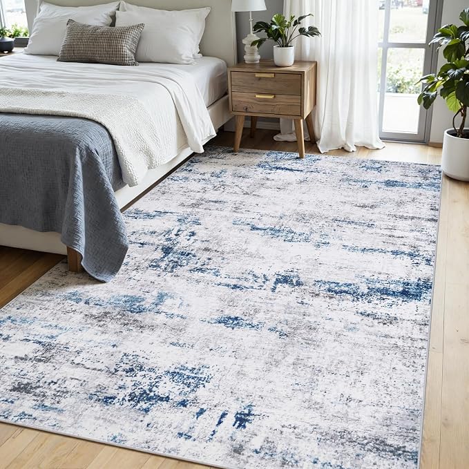 Area Rugs 6x9 Living Room: Large Modern Abstract Washable Rug Soft Anti-Skid Non-Shedding Carpet Indoor Floor Thin Carpets for Bedroom Dining Room Farmhouse Nursery Home Office White Blue Grey