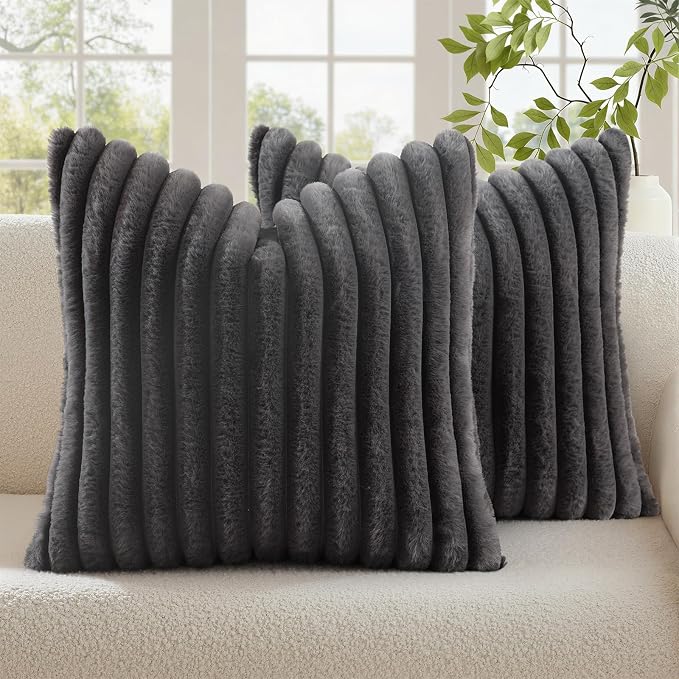 decorUhome Fall Cozy Faux Fur Throw Pillow Covers 18x18 Set of 2 Decorative Soft Plush Striped Modern Farmhouse Boho Couch Pillow Cases with Velvet Back for Sofa Bed Living Room, Dark Grey
