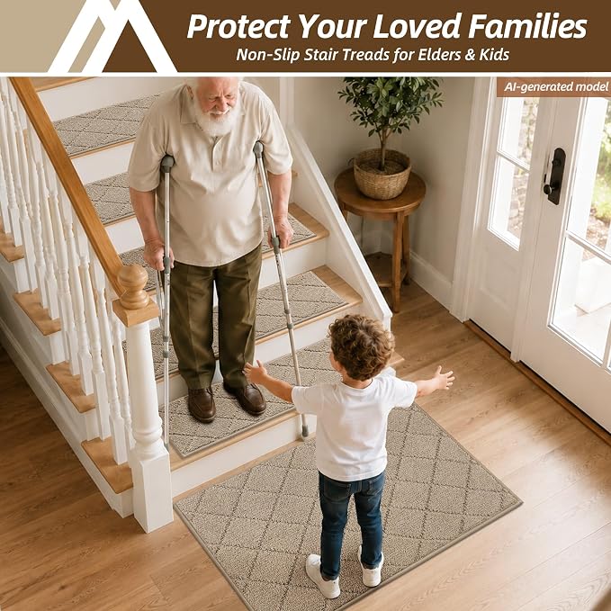COSY HOMEER Stair Landing Rug Non-Slip 20"x32" Stair Treads for Wooden Steps,Washable Peel and Stick Stair Treads Matching Mats,Pet Friendly Soft Reusable Stair Landing Mat for Kids and Elders,Beige