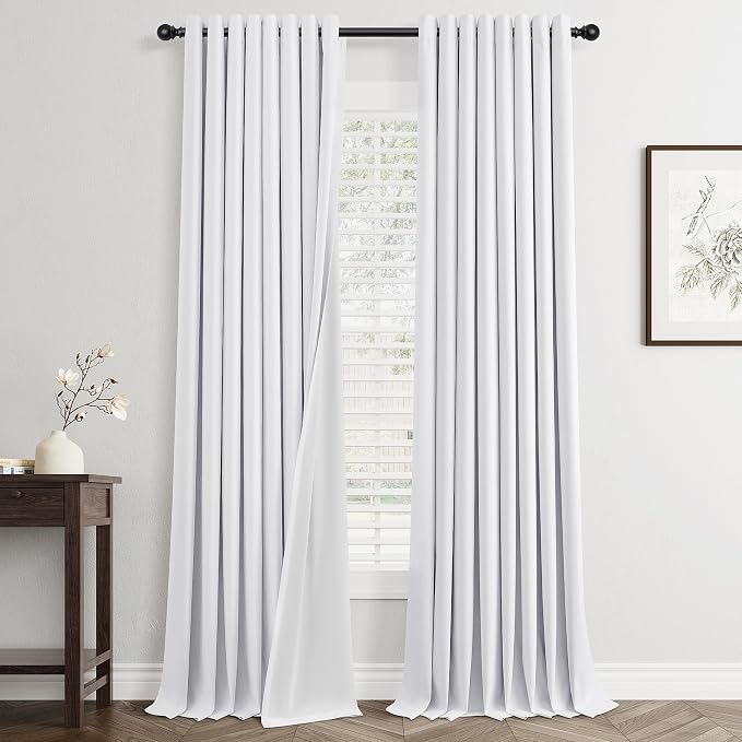 Jowels White Linen Blackout Curtains 90 Length 2 Panels Set for Living Room Bedroom, 100% Black Out Thermal Insulated Linen Drapes, Room Darkening Grommet Curtains 90 Inches Long