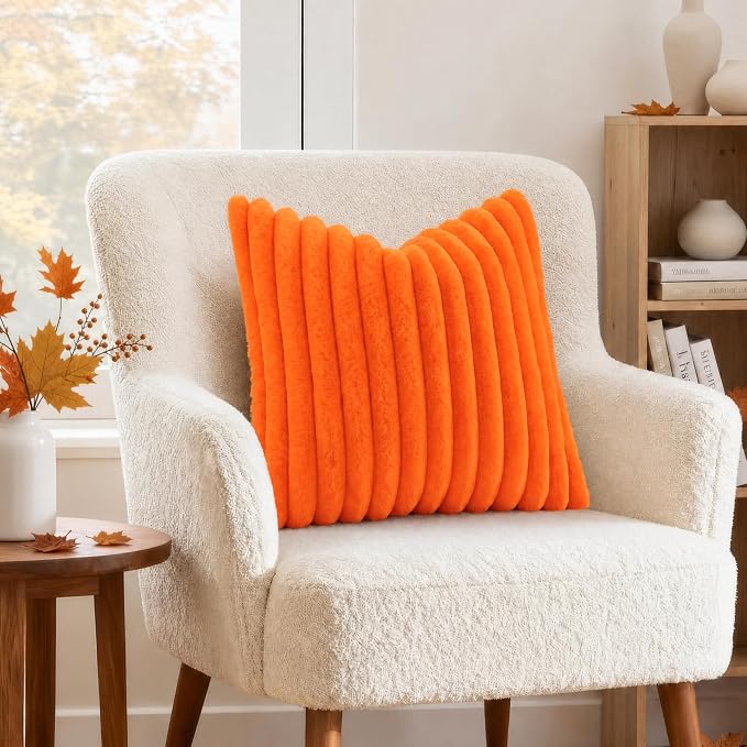 decorUhome Fall Cozy Faux Fur Throw Pillow Covers 22x22 Set of 2 Decorative Soft Plush Striped Modern Farmhouse Boho Couch Euro Sham Pillow Cases with Velvet Back for Sofa Bed Living Room, Orange