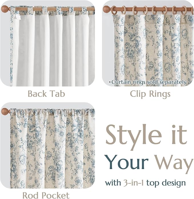 jinchan Floral Linen Curtains with Lined for Living Room 84 Inches Long Farmhouse Vintage Blue Peony Flower Printed Curtains Rod Pocket Back Tab Drapes Bedroom Window Treatments 2 Panels