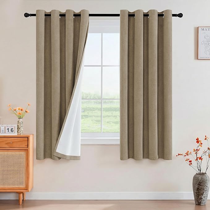 PrinceDeco Thick Linen Blackout Curtains Room Darkening Curtains 63 Inch Length Black Out Curtains for Bedroom Light Blocking Drapes with White Liner Grommet(2 Panels,Heathered Macchiato)