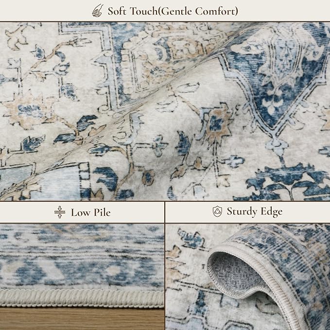 GENIMO 2x4 Runner Rugs for Hallway, Machine Washable Non Slip Vintage Rugs, Low Pile Lightweight Soft Print Rug for enrtyway, Corridor, Home, Office, Kitchen, Blue