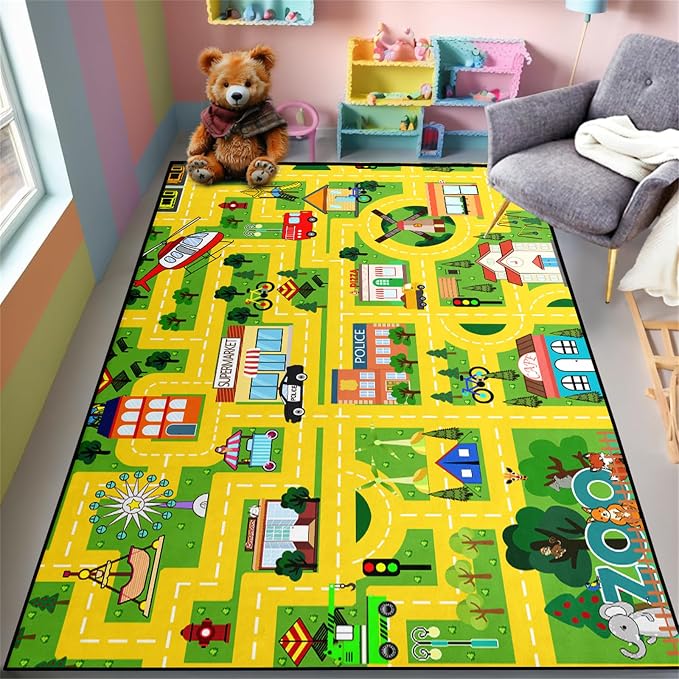 Car Rug Play Mat for Boys Girls Fun Yellow Road Rug for Bedroom Playroom, Fun Car Carpet for Room Decor City Carpet with Race Track, Street, Animal, 3x5 Feet