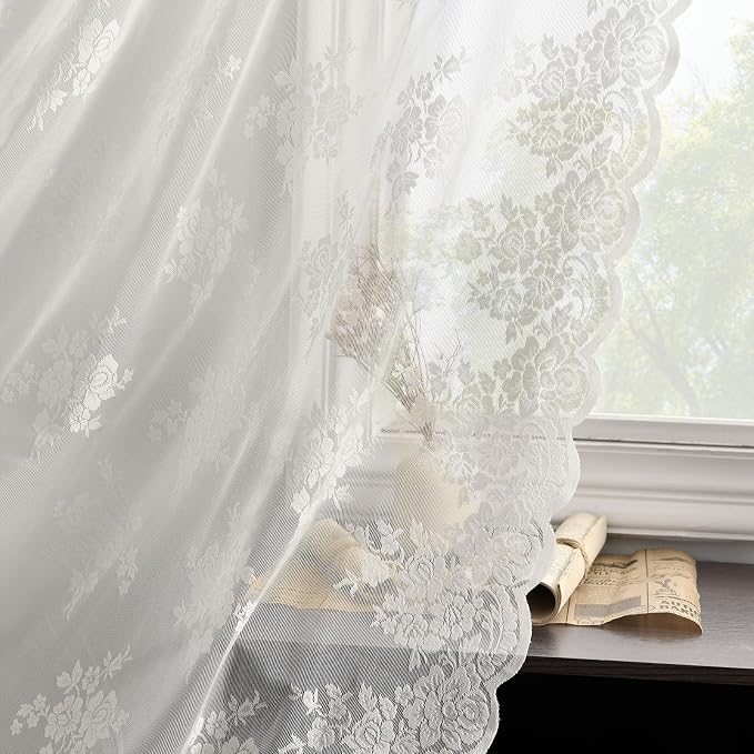Kotile Short Lace Curtains 36 Inch Length 2 Panels Set, Country Rustic Floral Lace Kitchen Window Curtains Over Blinds, Rod Pocket Privacy Vintage Sheer Lace Café Curtains, Each 52 x 36 Inch, Ivory