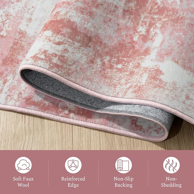 Rugflix 8x10 Area Rugs for Nursery Girls Room, Washable Large Rug Stain-Resistant Low Pile, Modern Non Slip Carpet for Kids Bedroom Living Room Home Office, Pink/White