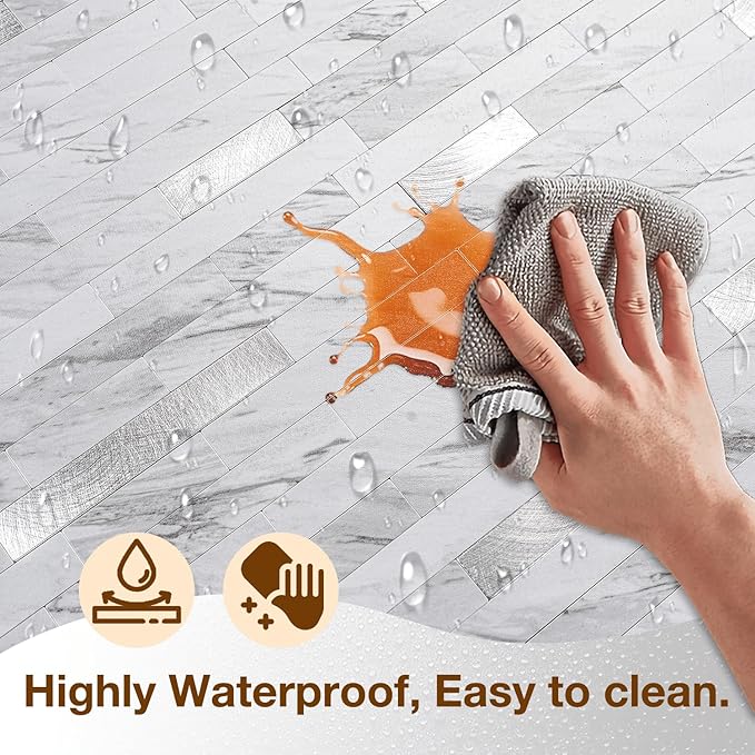 Peel and Stick Backsplash Tile Waterproof Removable PVC Wall Sticker 3D Faux Stone Marble Brick White Accent Panels (White Marble - Metal Silver, 40 Tiles - 18 sq. ft. (1.68 m²)