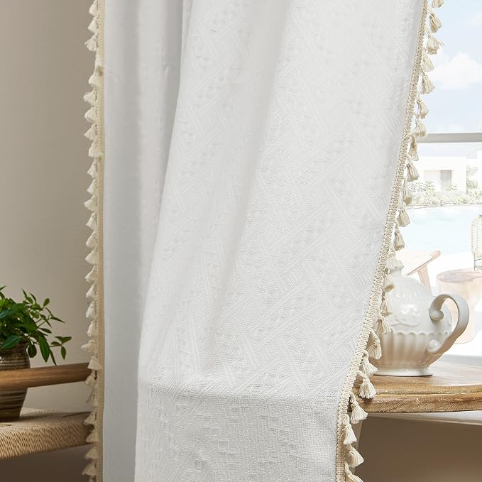 Joydeco Custom Boho Curtains 1 Panel, Boho Curtains for Bedroom Living Room, Super Soft Light Filtering Country Rustic Semi Sheer Farmhouse Curtains Rod Pocket (Custom, White)