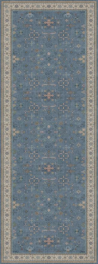 Washable 3x8 Throw Rug for Hallway - Blue Rugs for Entryway Indoor, Bedroom Bedside, Mudroom, Boho Eclectic Modern Décor, Non Slip Low Pile Fade Resistant