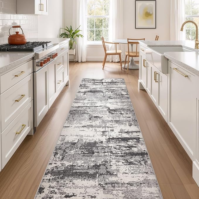 Hallway Washable Runner Rug: 3x10 Abstract Modern Soft Stain Resistant Non-Slip Backing Runner for for Entryway Kitchen Laundry - Black Grey