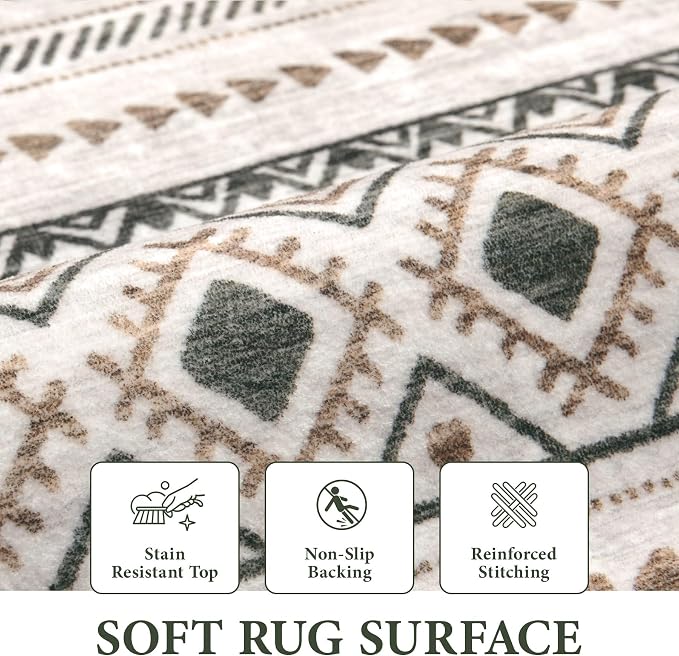 Runner Rug 2x7 Boho Geometric Area Rugs: Washable Kitchen Entryway Rug, Soft Non Slip Moroccan Long Hallway Rugs for Bedroom Bathroom Laundry Entryway Staircase Foyer(Brown Green,2'x7')