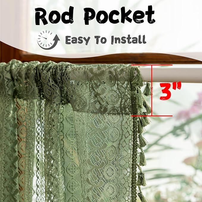Sutuo Home Olive Green Boho Sheer Curtains, Cottagecore Lace Curtains for Nursery Kitchen Privacy Crochet Light Filtering Vintage Chic Tassels Bohemian Window Drape Rod Pocket, 2 Panels 50" W x 54" L