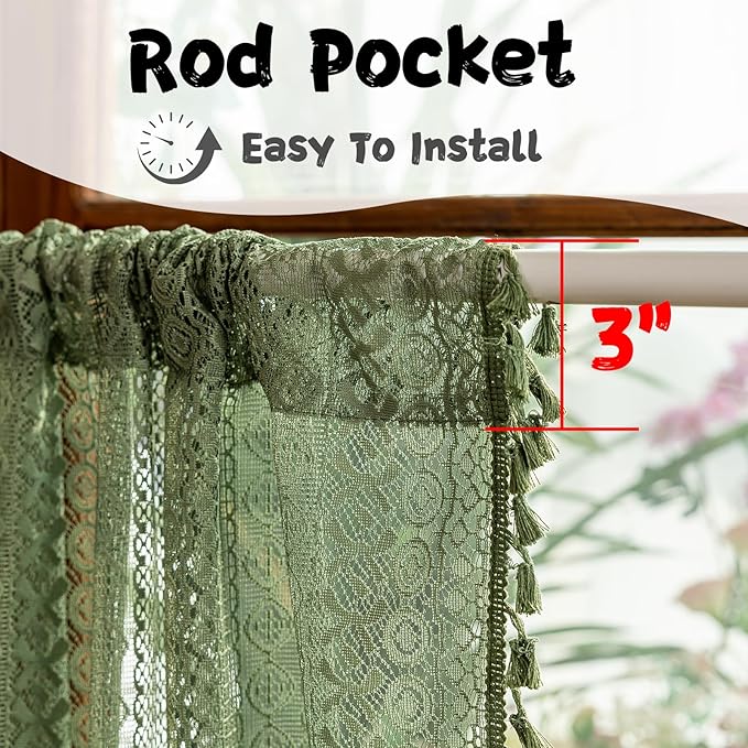 Sutuo Home Olive Green Boho Lace Curtains 2 Panels 45 Inch Long,Semi Sheer Small Window Curtains Drape for Kitchen Cafe Crochet Vintage Chic Tassels Bohemian Privacy Rustic Geometry Rod Pocket, 50" W