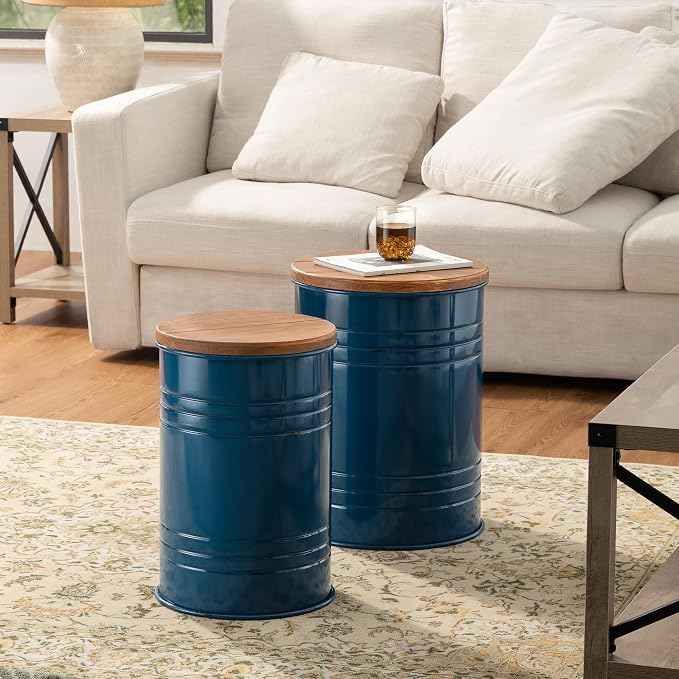 Glitzhome Rustic Storage Ottoman Seat Stool, Farmhouse Nesting End Table, Galvanized Barrel Metal Accent Side Table Toy Box Bin with Round Wood Lid for Living Room, Set of 2, Navy Blue