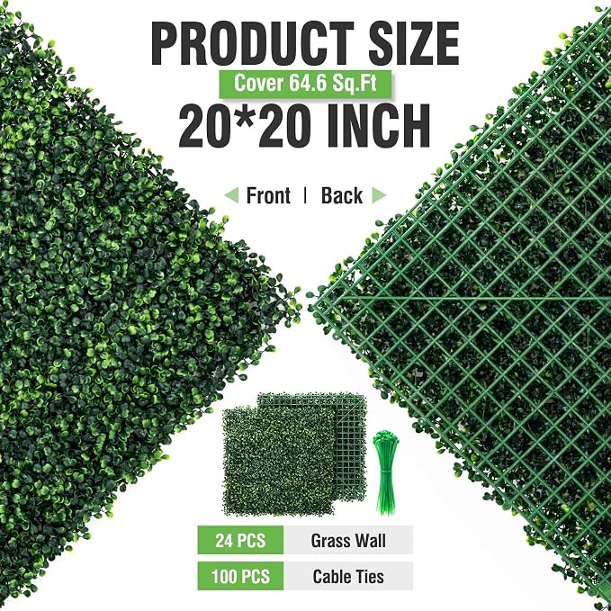 KASZOO 24 Pack 20"x20" Grass Wall Panels - Artificial Boxwood Panels for Greenery Wall Backdrop, Faux Greenery for Indoor Outdoor Decor, Garden Fence, Wedding, Privacy Screen, 66 Sq. Ft. Coverage