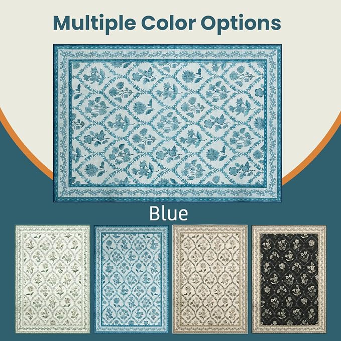 LIANLAM Checkered Rug 10x14 Area Rugs for Living Room - Stain Resistant & Non-Slip Backing Vintage Boho Floral Design Rug for Bedroom,Durable & Ultra-Thin Large Washable Area Rug(10x14,Blue)