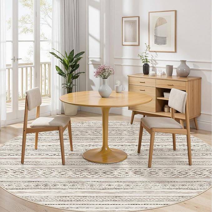 cotiled 8x8 Round Area Rugs Living Room Rug: Washable Boho Rugs with Non Slip Backing Large Soft Indoor Stain Resistant Carpet for Bedroom Farmhouse Dining Room Lightweight Home Decor Cream Brown
