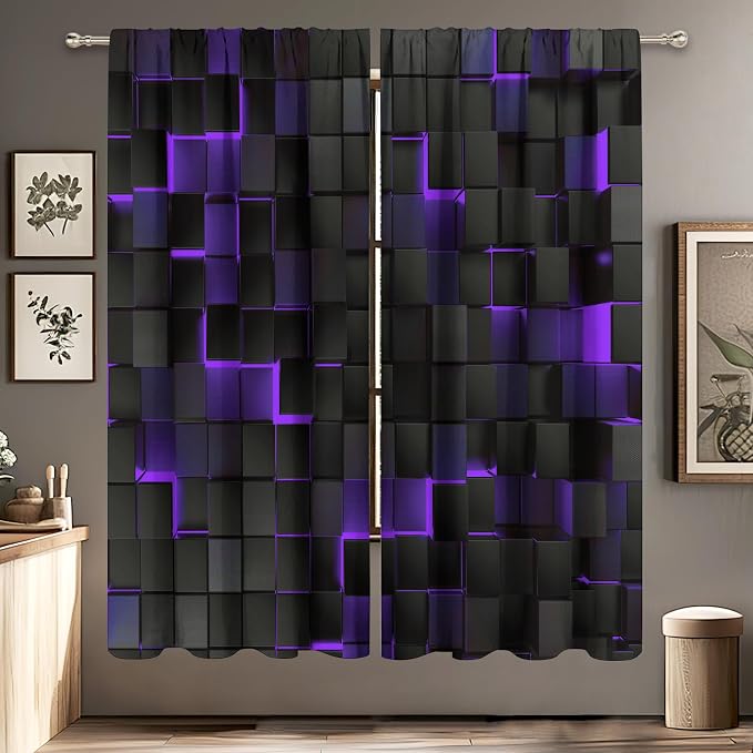 MESHELLY Abstract Black Purple Curtains 42Wx63H Inch Rod Pocket Modern 3D Gradient Design Futuristic Geometric Cubes Bedroom Window Drapes Man Boys Printed Minimalist Living Room Window Fabric 2 Panel