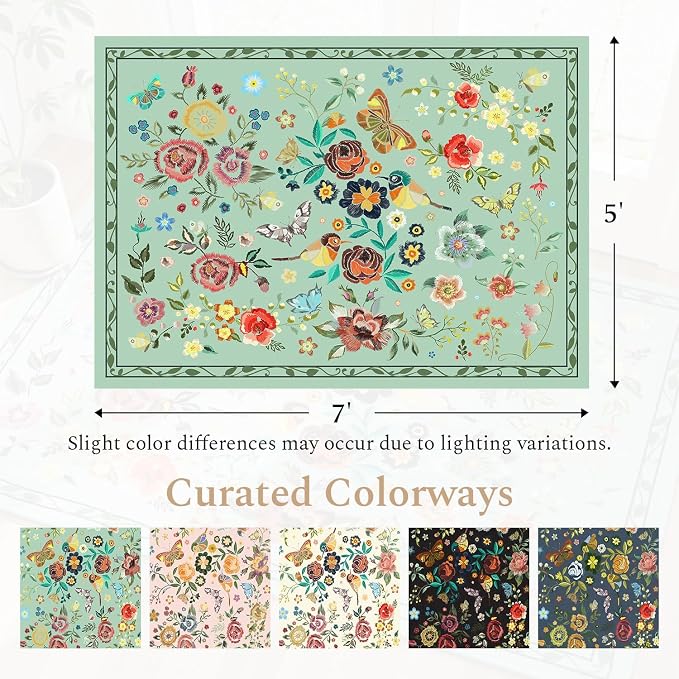 Rugflix 5x7 Washable Area Rug for Living Room, Soft Non Slip Low Pile Carpet, Floral Vintage Stain Resistant Rugs for Bedroom, Dining Room, Home Office, Green