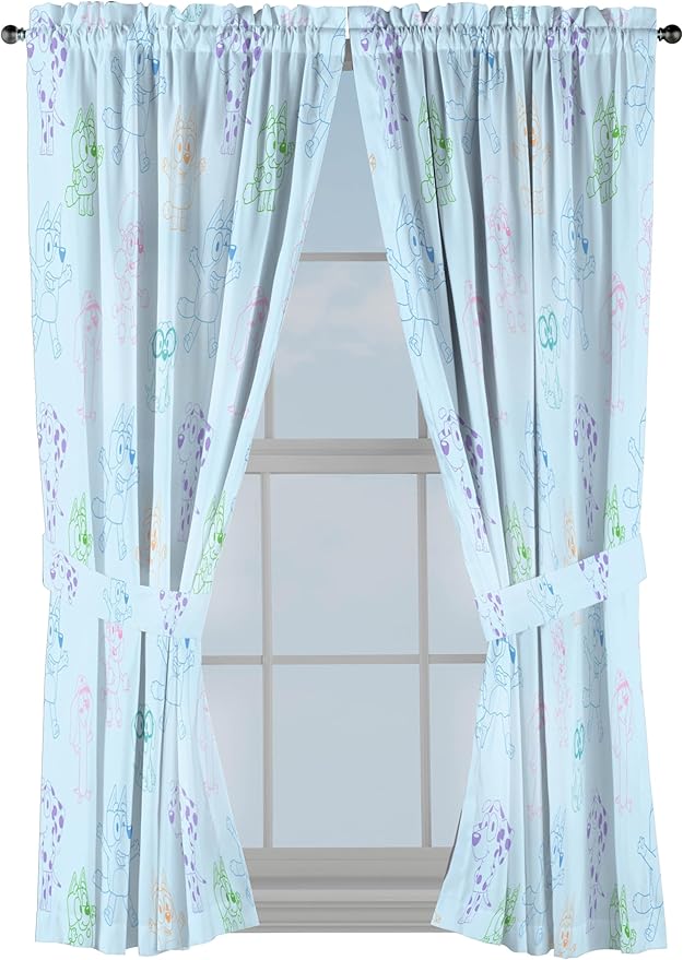 Jay Franco Window Curtains for Kids Bedroom 4-Piece Drape Set with 2 Tiebacks, Blue - Bluey, 42" W x 63" L (Pack of 2)