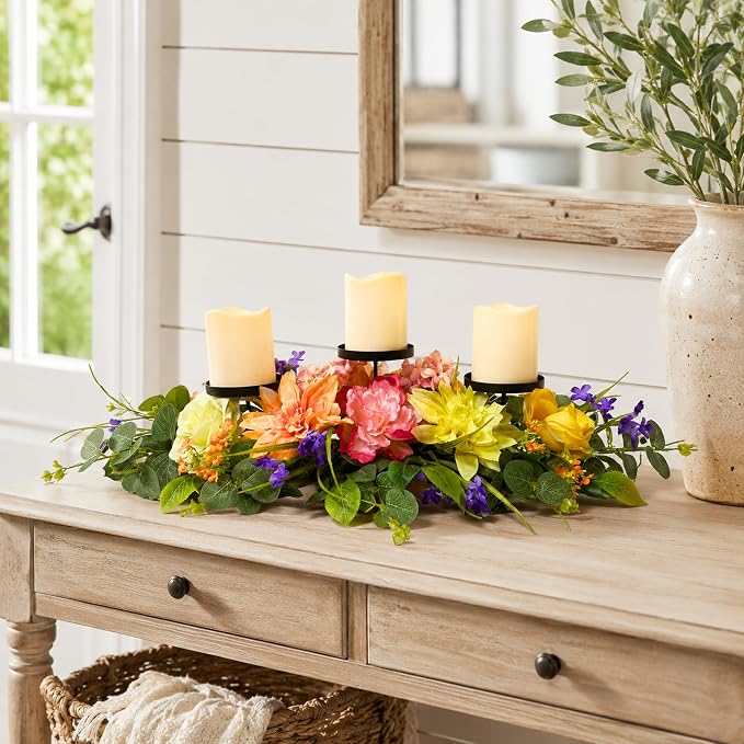 Svndlyn Spring Summer Candle Holder Centerpiece with Colorful Flowers | 3 Candle Plates, Peach Dahlia, Yellow Rose, Purple Flowers and Eucalyptus Leaves for Dining Table, Coffee Table and Mantel