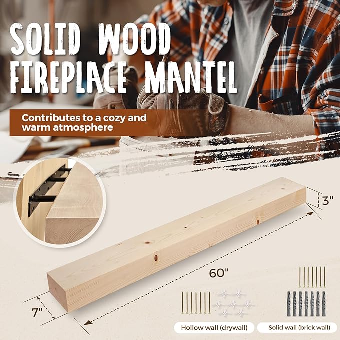 60x7x3 Fireplace Mantel - Solid Rustic Wood Wall Mounted Floating Shelf - DIY Color - with Invisible Heavy Duty Steel Bracket