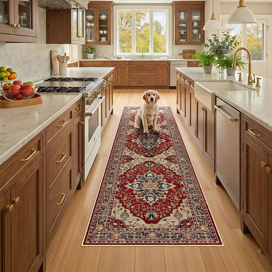 RELEANY Area Rugs Runner 2'x8' Washable Non-Slip, Floral Vintage Distress Medallion Carpet for Kitchen Hallway Bedroom Beside Laundry Room Bathroom, Red Blue