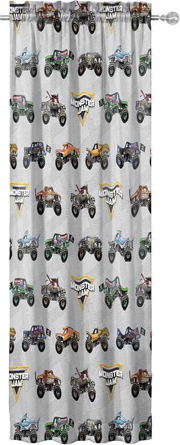 Jay Franco Window Curtains for Kids Bedroom 4-Piece Drape Set with 2 Tiebacks, Grey - Monster Jam, 42" W x 63" L (Pack of 2)