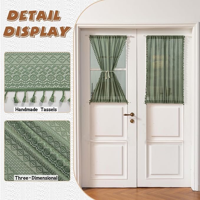 Sutuo Home Green Door Curtains 2 Panels for Doorway Glass & Sidelights, French Country Handmade Tassels Vintage Chic Privacy Drapes Xmas Olive Boho Curtains for Front Door, Rod Pocket 25" W x 40" L