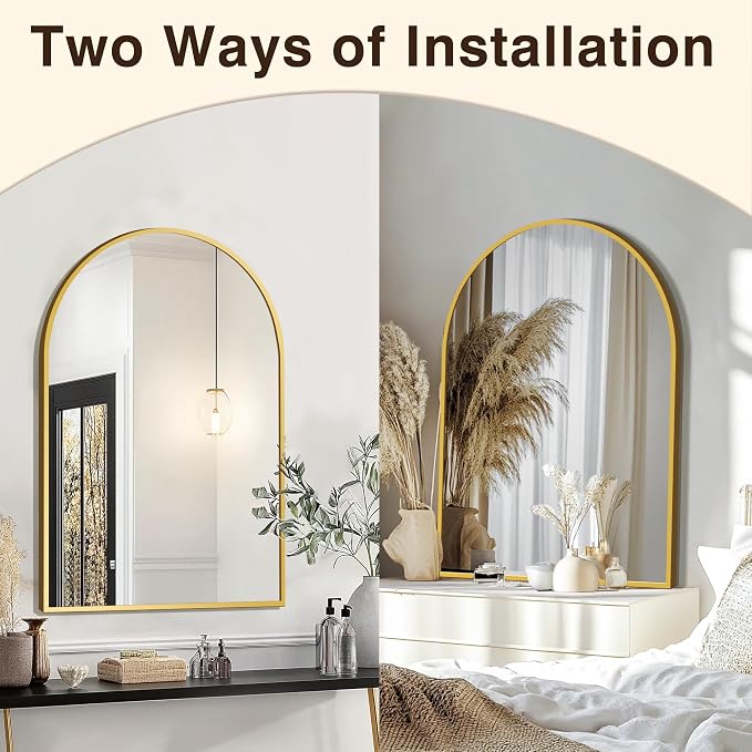 FICTOR Bathroom Mirror for Wall, Arched Vanity Bathroom Mirror for Over Sink, Metal Framed with HD Shatter-Proof Glass for Entryway, Living Room,Bedroom(24”x 36”, Gold)