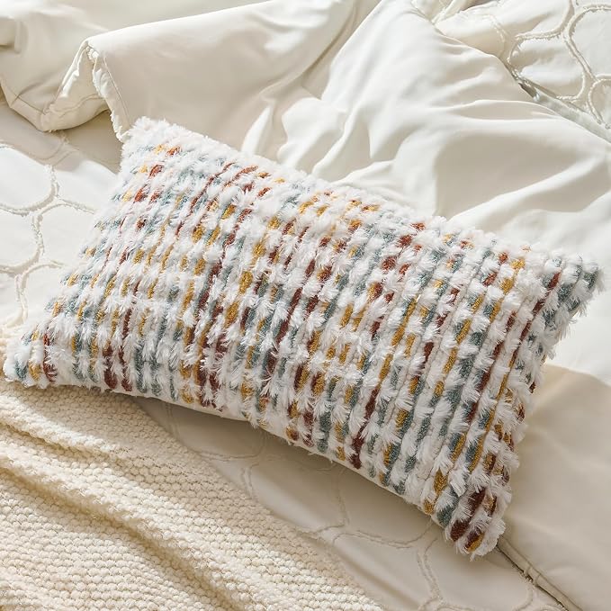 AmHoo Set of 2 Boho Chenille Pillow Cover Decorative Tufted Pillowcase for Couch Bed Sofa Bedroom Living Room Modern 12 x 20-Inch Brown White