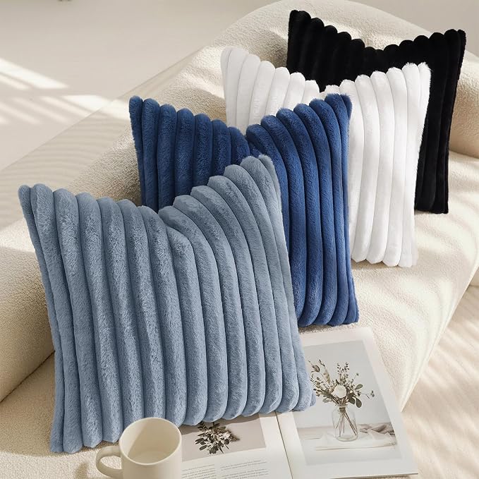 decorUhome Fall Cozy Faux Fur Throw Pillow Covers 22x22 Set of 2 Decorative Soft Plush Striped Modern Farmhouse Boho Couch Euro Sham Pillow Cases with Velvet Back for Sofa Bed Living Room, Grey Blue